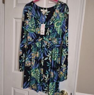 Tropical Floral V-Neck Long Sleeve Dress - Blue & Green